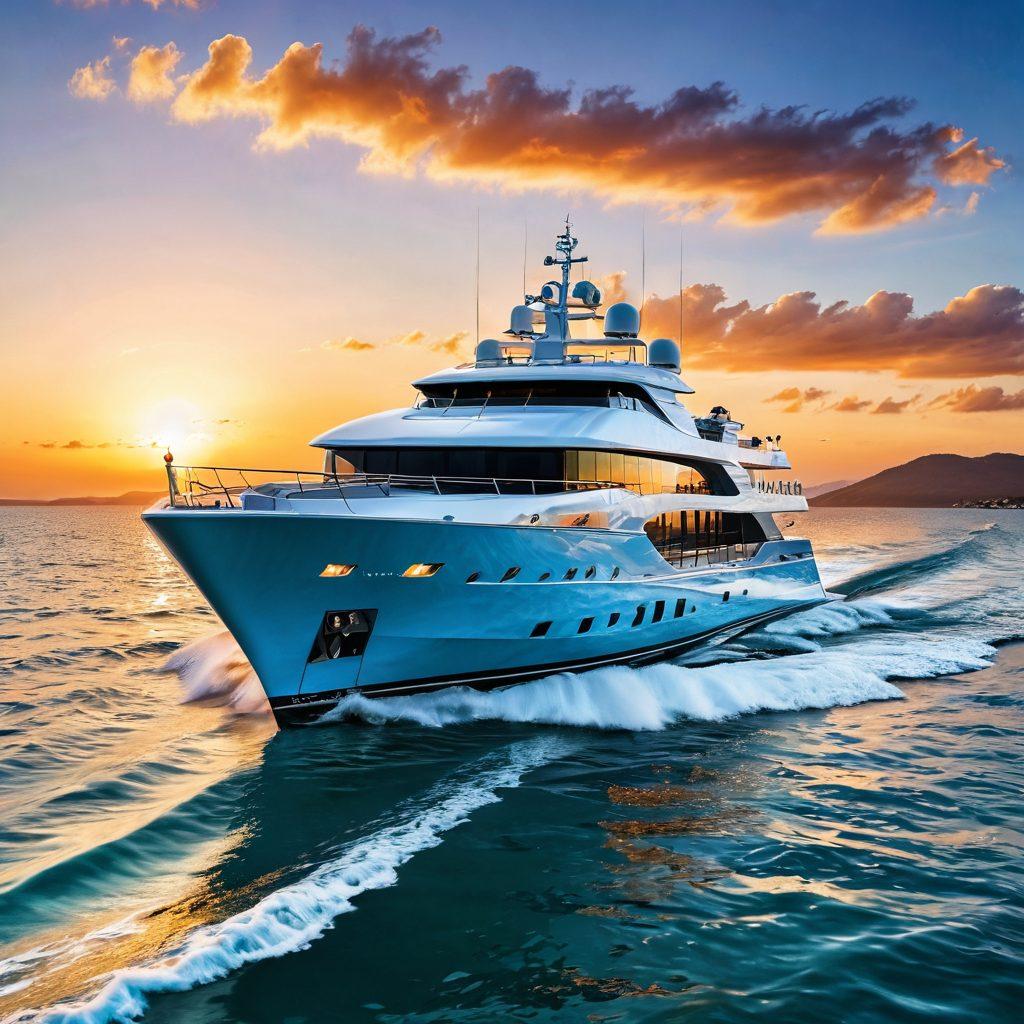 A majestic yacht cruising through crystal-clear waters, with a serene sunset in the background. Surround the yacht with protective symbols like shields and anchors, representing comprehensive insurance solutions. Include vibrant waves and a group of happy voyagers aboard, enjoying their journey. Super-realistic. Vibrant colors. White background.
