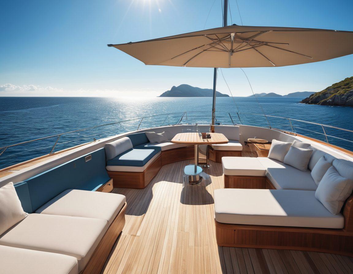 A luxurious yacht sailing on calm blue waters with sunny skies, showcasing elegant outdoor furniture on its deck, symbolizing security and adventure. In the background, a serene coastline can be seen to evoke tranquility and safety. The foreground should include visual cues of protection, like a subtle shield or lock integrated into the yacht’s design. super-realistic. vibrant colors. marine theme.