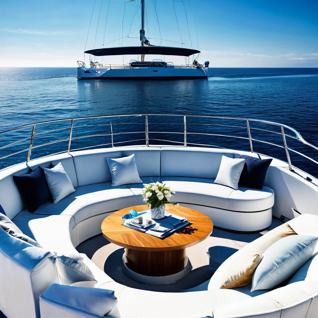 A serene seascape featuring a luxurious yacht sailing on calm waters, with elegant furniture pieces like a stylish outdoor sofa and chic table set on the yacht's deck. A clear blue sky and sun gently illuminating the scene, evoking a sense of freedom and adventure. Subtle icons representing insurance options, integrally blended into the image, such as shields or checkmarks. super-realistic. vibrant colors. 3D.
